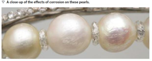 Pearls damaged by hairspray. Image courtesy of www.pearl-guide.com.